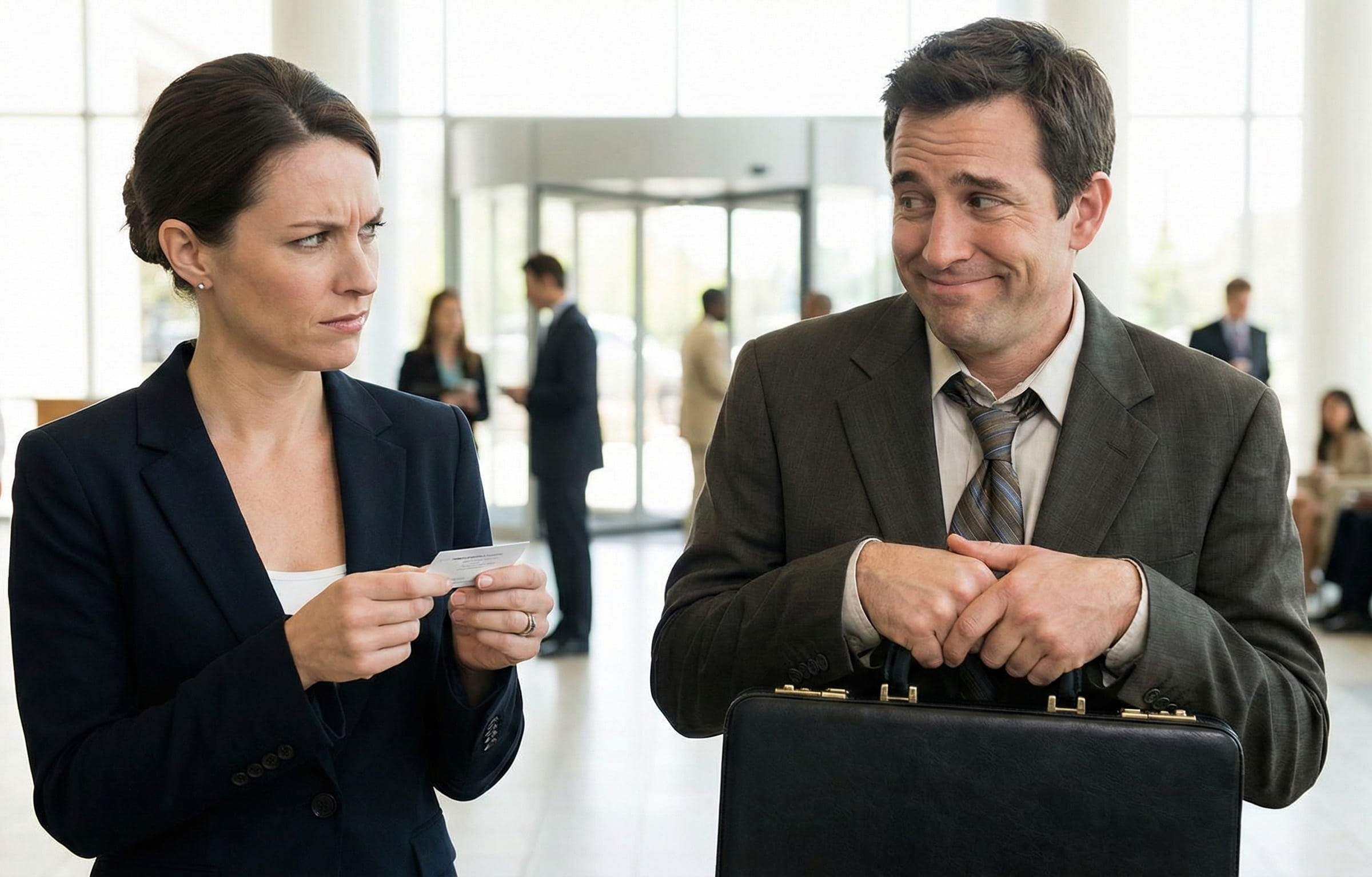 sheepish man waits as woman scrutinizes his business card