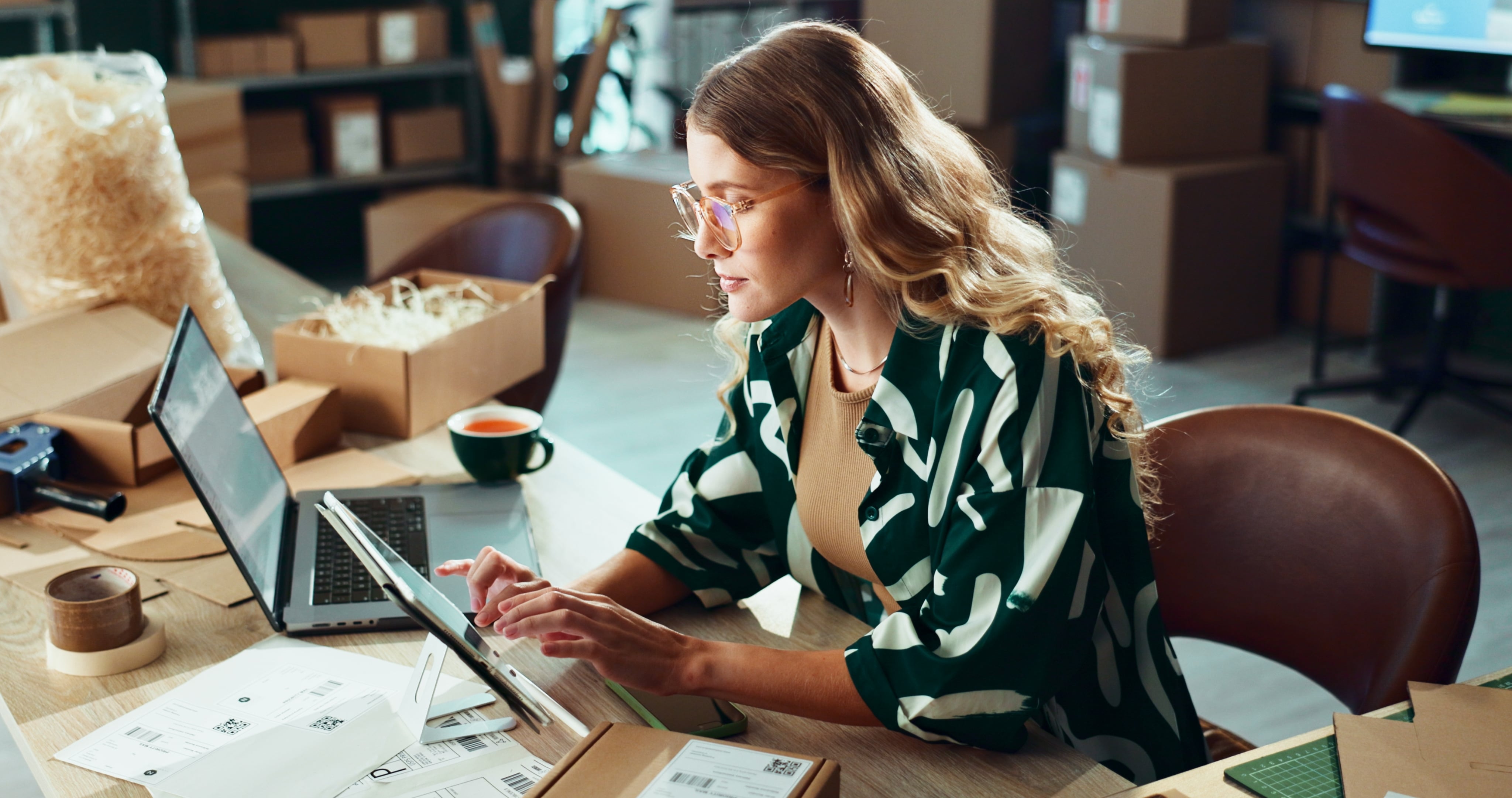 Virtual office setup at home with packages